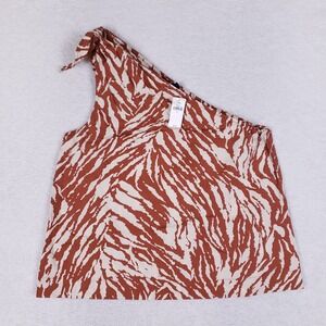 GAP One‎ Shoulder Zebra Print Top S Brown Cream Cotton Tie Strap Safari Chic NWT
